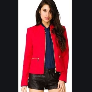 Forever21 Red Tweed Lined Blazer Gold Zip Front & Pocket S NWT